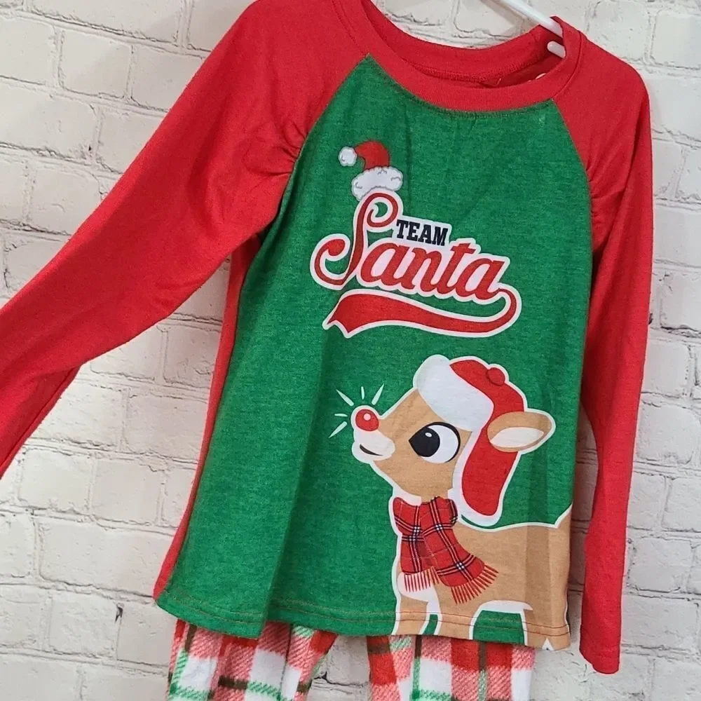 Rudolph Girls Holiday Pajamas 2pc Red Plaid Fleece Sleep Set Festive 6/6X PJs